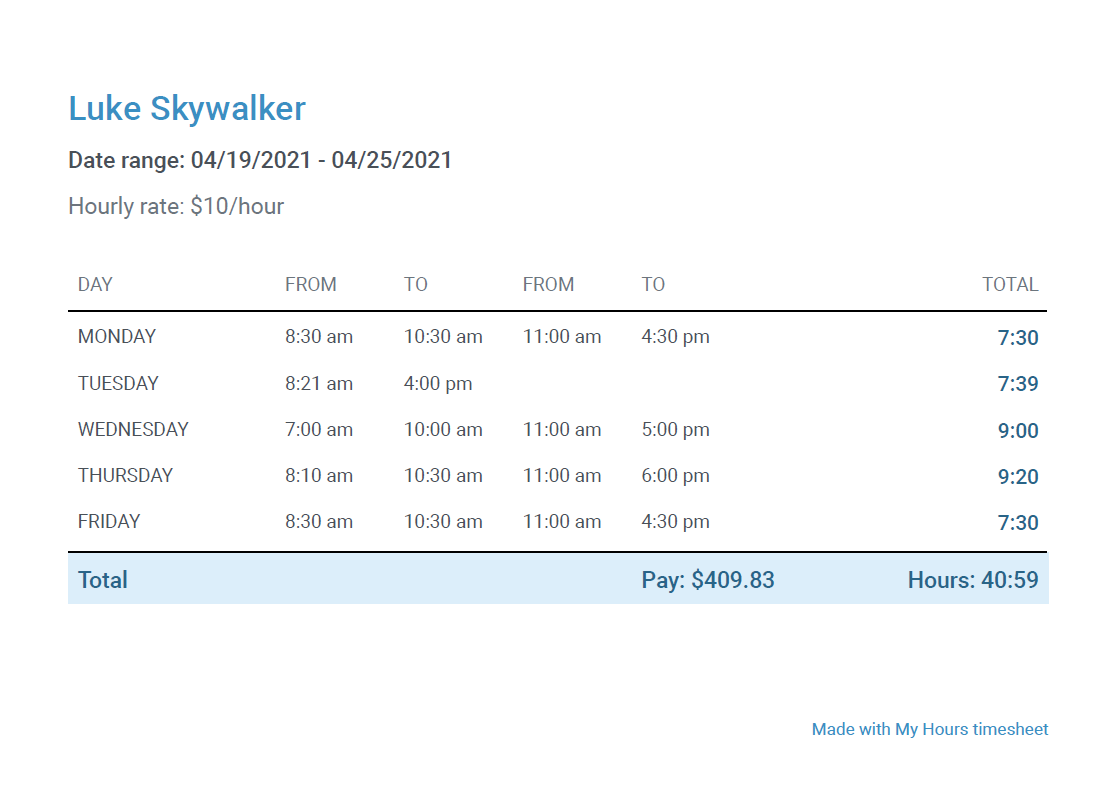 Free Time Card Calculator Tool My Hours